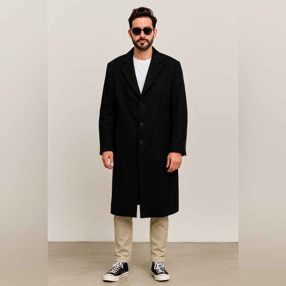 Faconnable Men’s Black 100% Cashmere Single Breasted Coat Sz. 56R - Picture 1 of 8